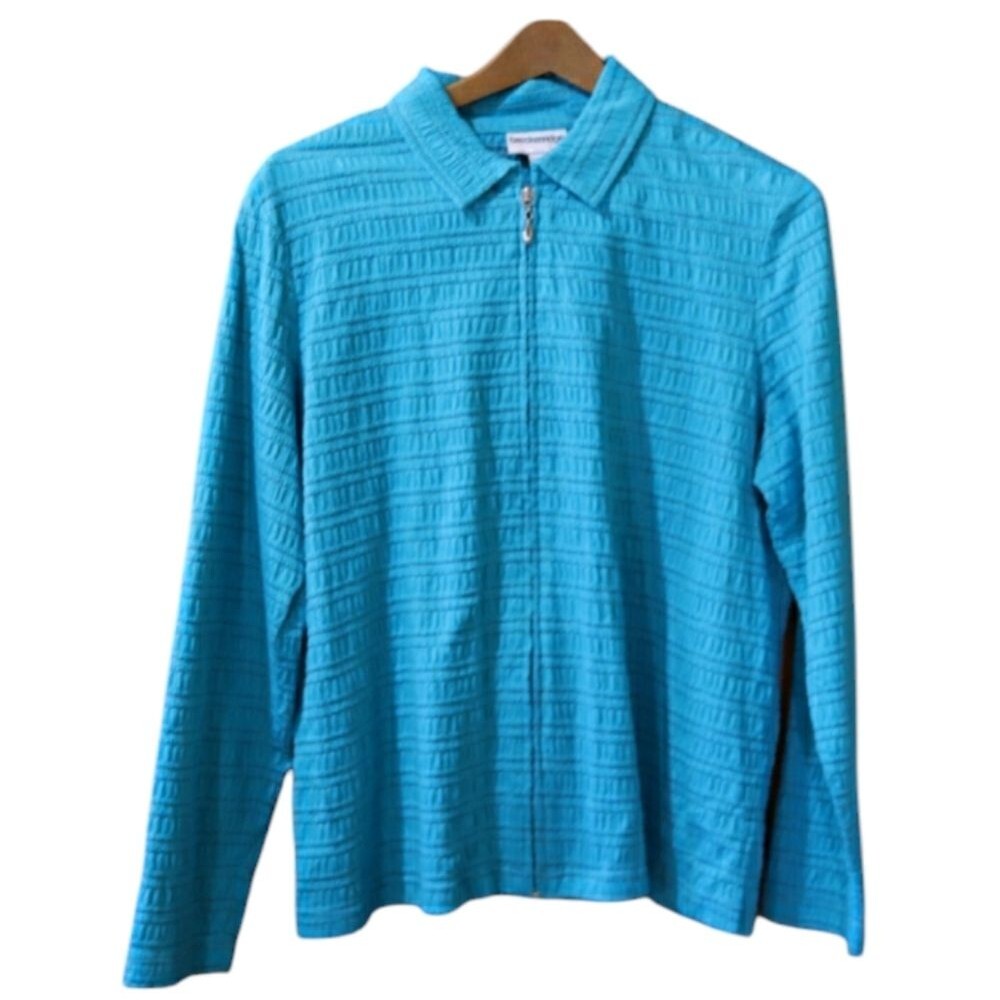 Breckenridge Teal Blue Quilted Full Zip Cardigan Sweater Jacket Petite Medium